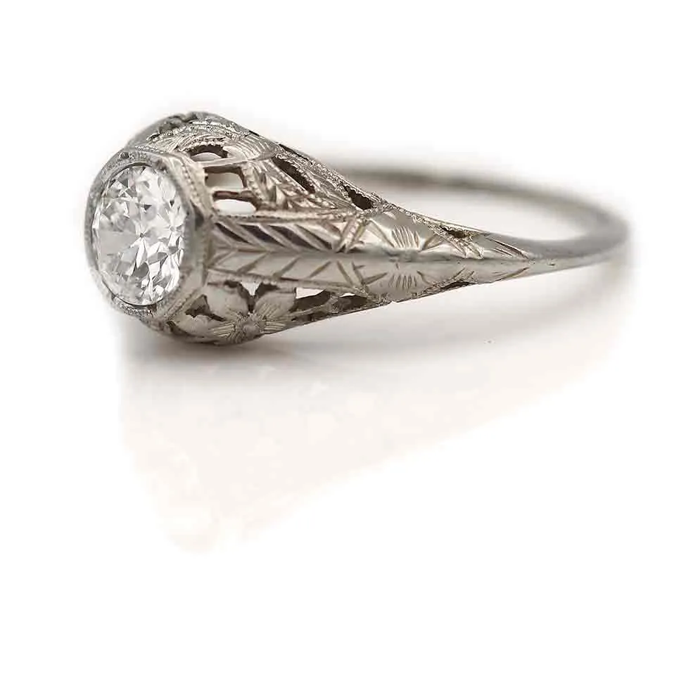 Art Deco .55 CT 18 Karat White Gold Solitaire Vintage Engagement Ring