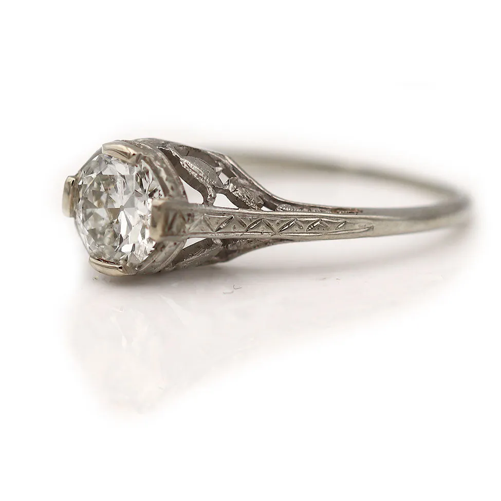 Art Deco .91 CTW European Cut Diamond Solitaire Antique Engagement Ring with Filigree