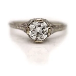 Art Deco .91 CTW European Cut Diamond Solitaire Antique Engagement Ring with Filigree
