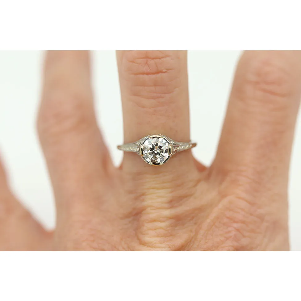 Art Deco .91 CTW European Cut Diamond Solitaire Antique Engagement Ring with Filigree