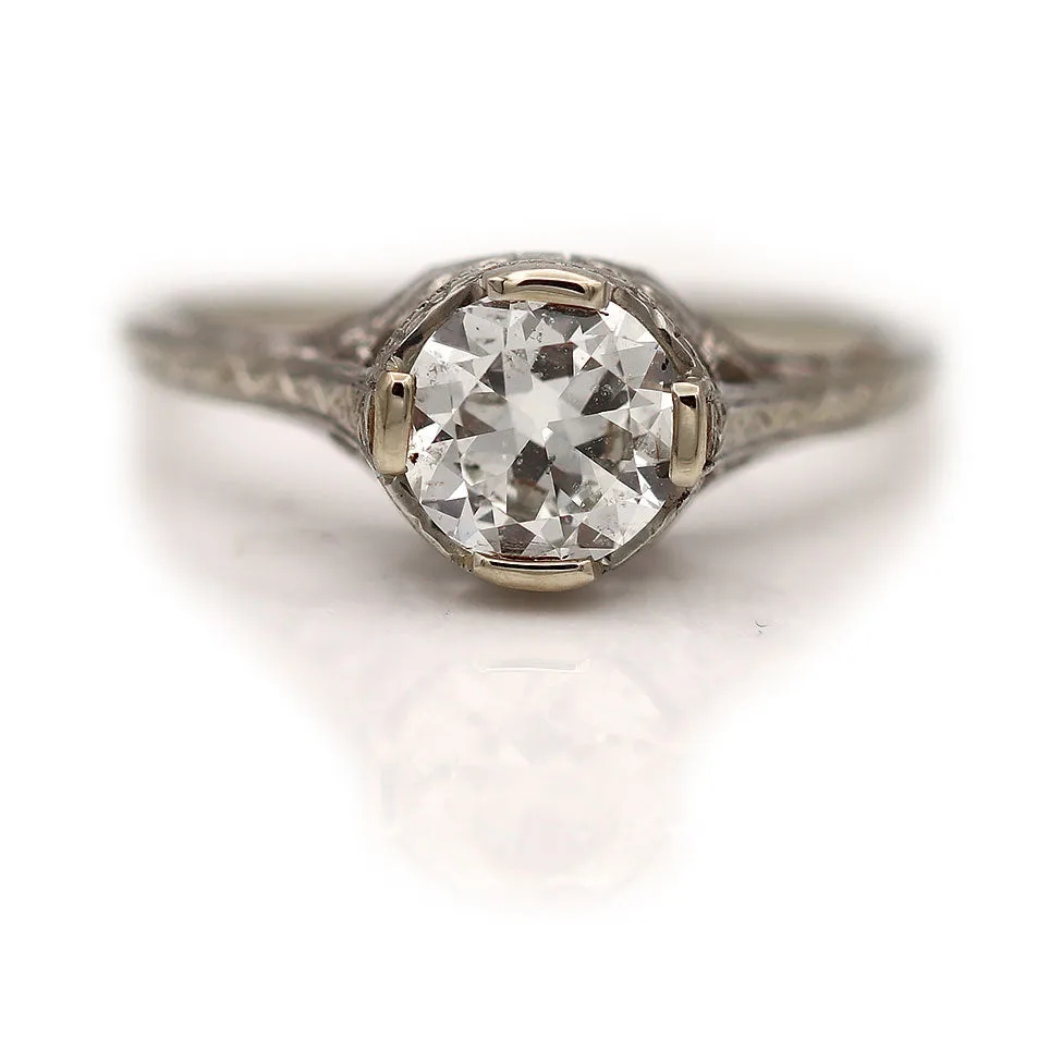 Art Deco .91 CTW European Cut Diamond Solitaire Antique Engagement Ring with Filigree