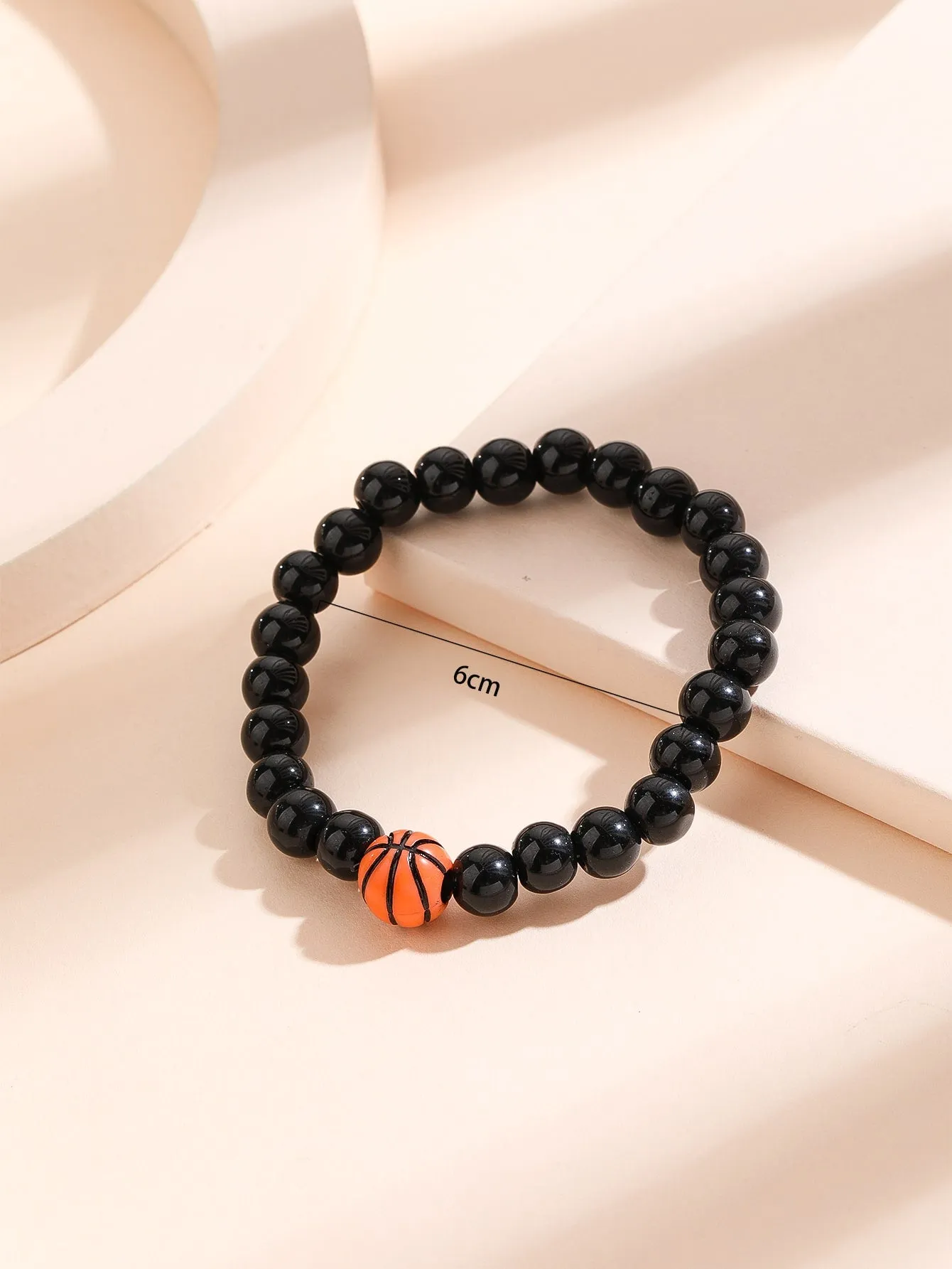Basketball Decor Stone Black Beaded Bracelet for Women Men Stretchy Stackable