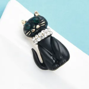 Black Enamel Cat Brooches Women Unisex Cute Rhinestone Sitting Cat Pet Animal Brooch