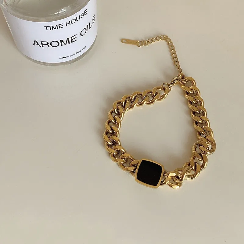 Black Square Charms Thick Chain Choker Bracelet Necklaces Pendants For Women