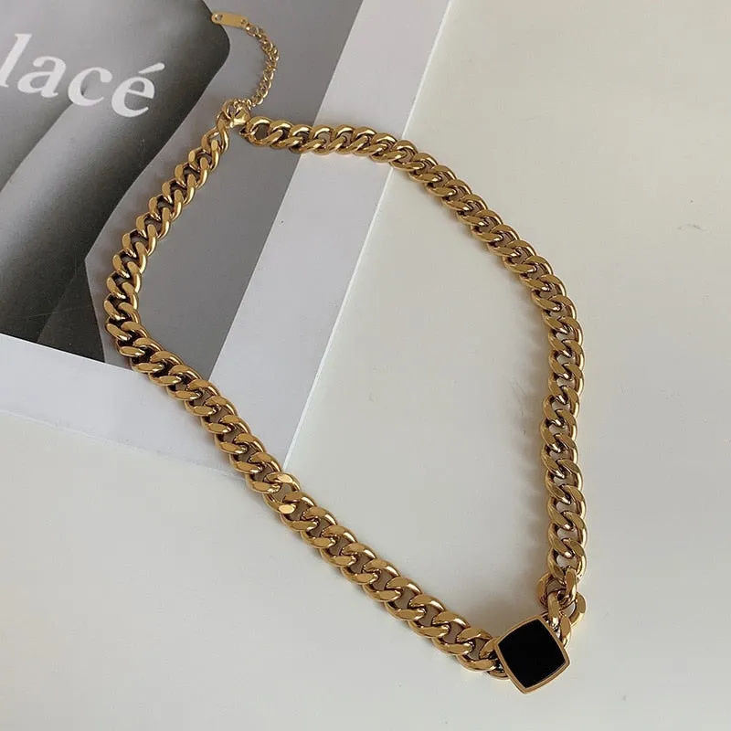Black Square Charms Thick Chain Choker Bracelet Necklaces Pendants For Women