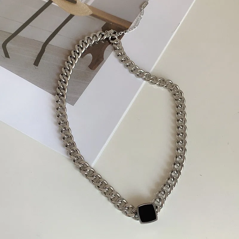 Black Square Charms Thick Chain Choker Bracelet Necklaces Pendants For Women