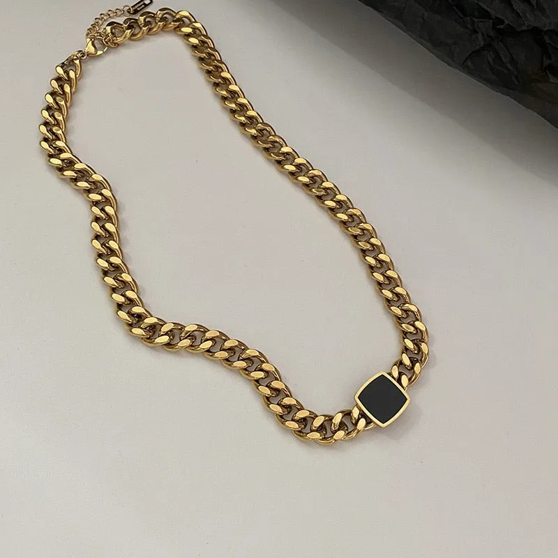 Black Square Charms Thick Chain Choker Bracelet Necklaces Pendants For Women