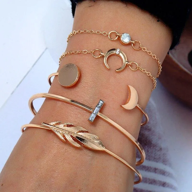 Bohemian Black Rope Chain Bracelet Set For Women Aircraft Moon Leaf