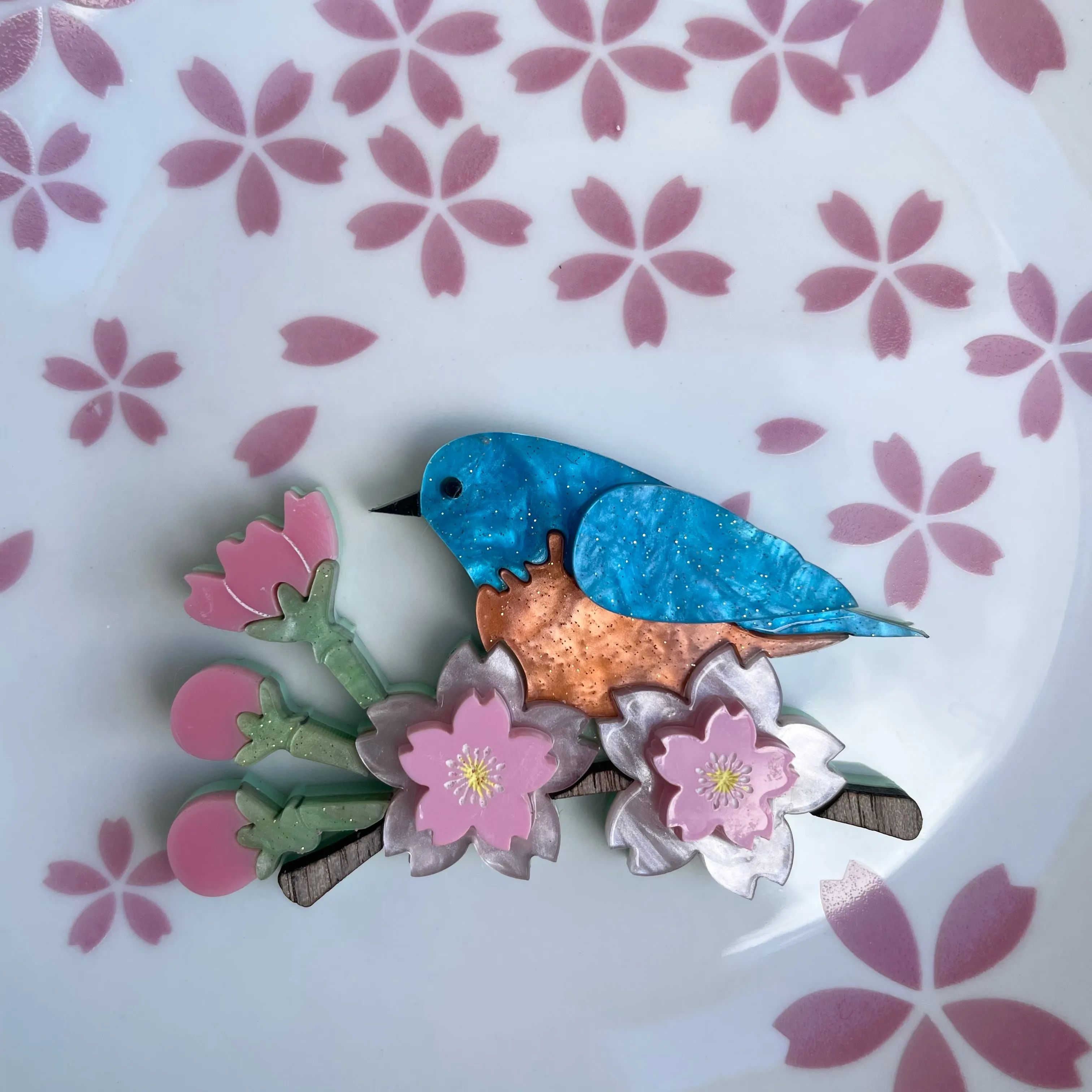 Cherry Blossom blue bird branch - Brooch