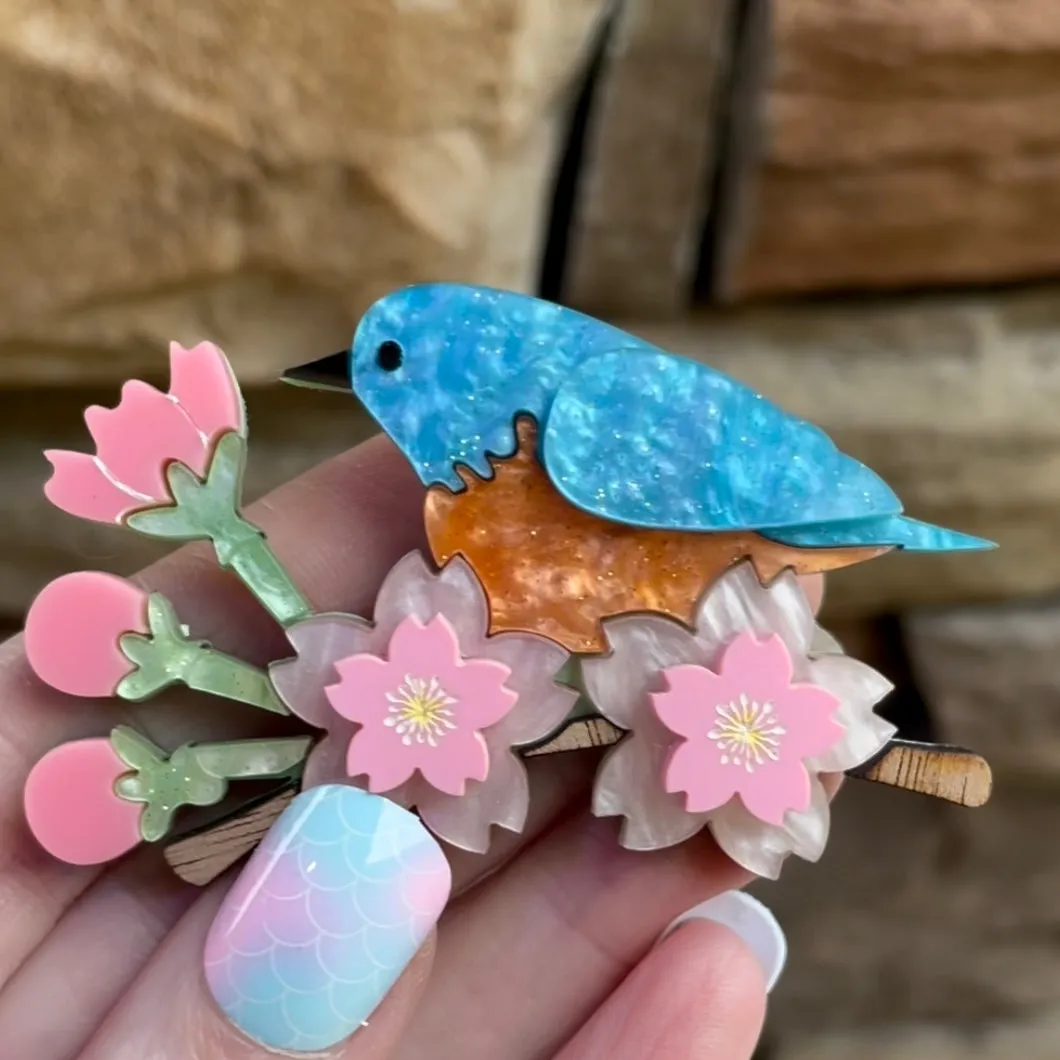 Cherry Blossom blue bird branch - Brooch
