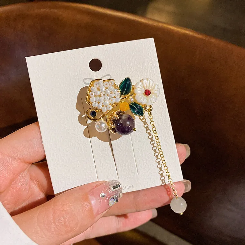 Chinese Style Fringed Flowers Pearls Pipa Brooches