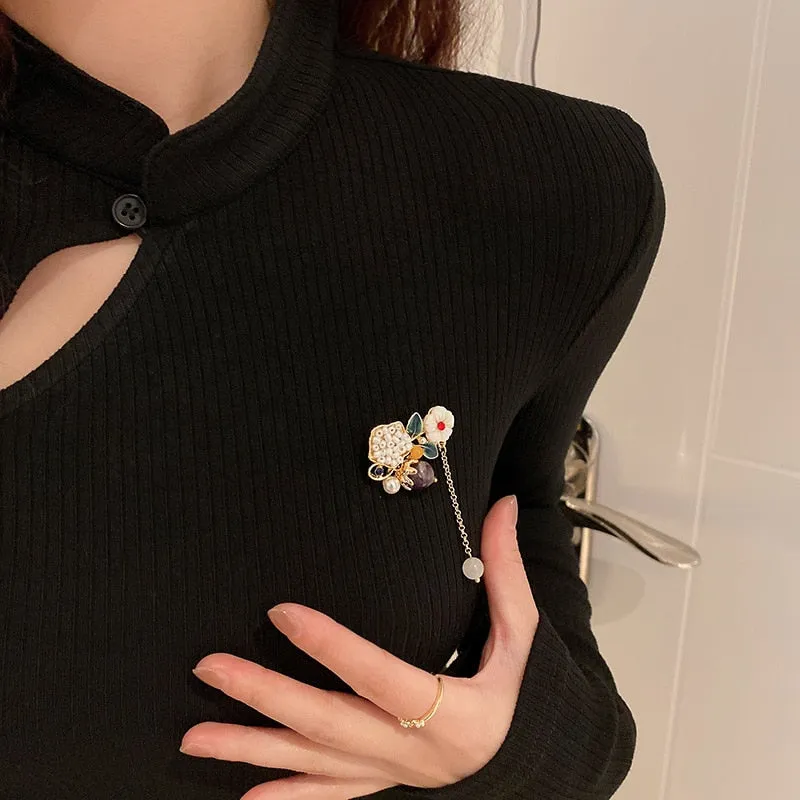 Chinese Style Fringed Flowers Pearls Pipa Brooches