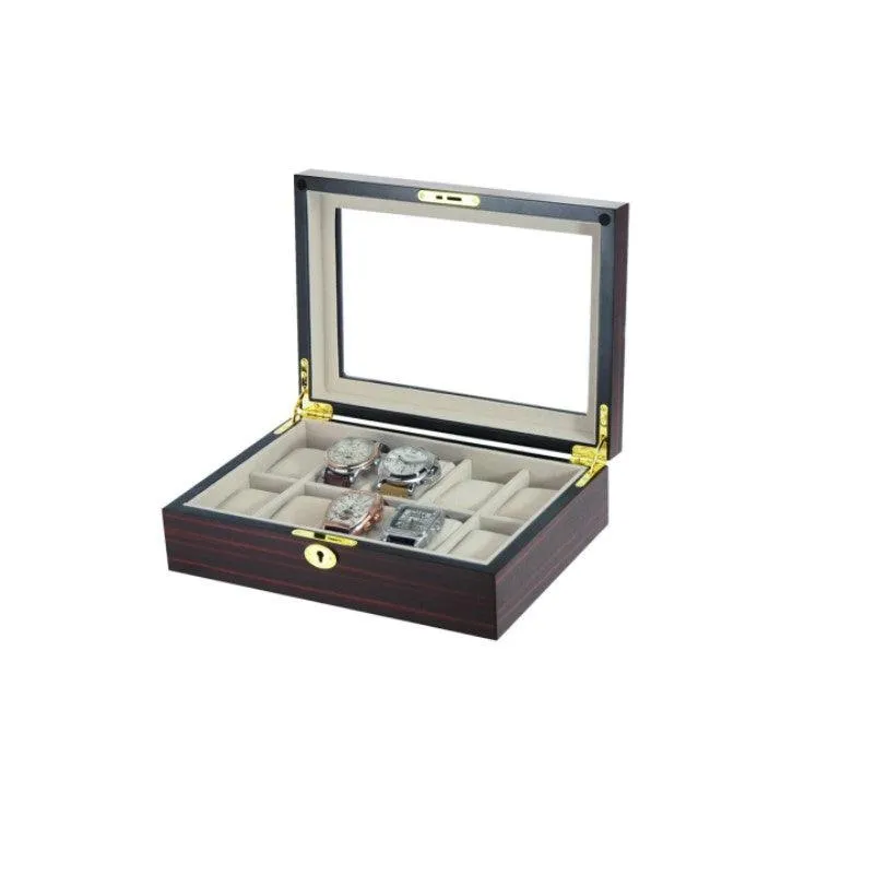 Classic Ebony Wooden Watch Box for 10 Piece Watch Display Case
