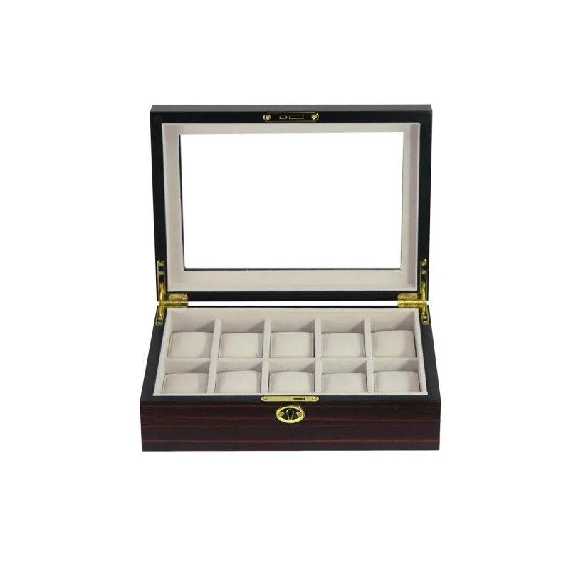 Classic Ebony Wooden Watch Box for 10 Piece Watch Display Case