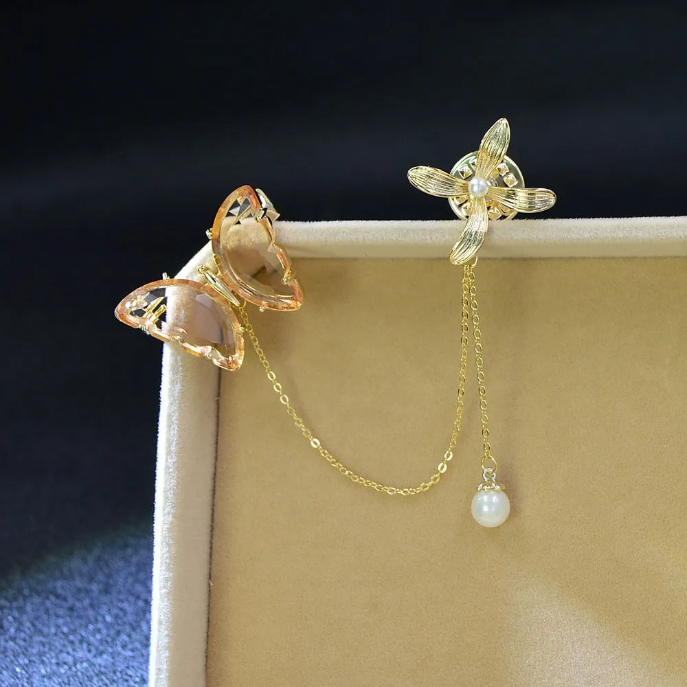 Clear Color Crystal Butterfly Collar Brooches For Wome Long Tassel Pearl Pin Brooch