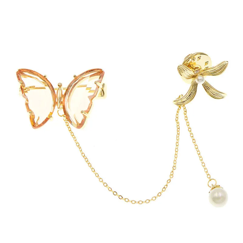Clear Color Crystal Butterfly Collar Brooches For Wome Long Tassel Pearl Pin Brooch