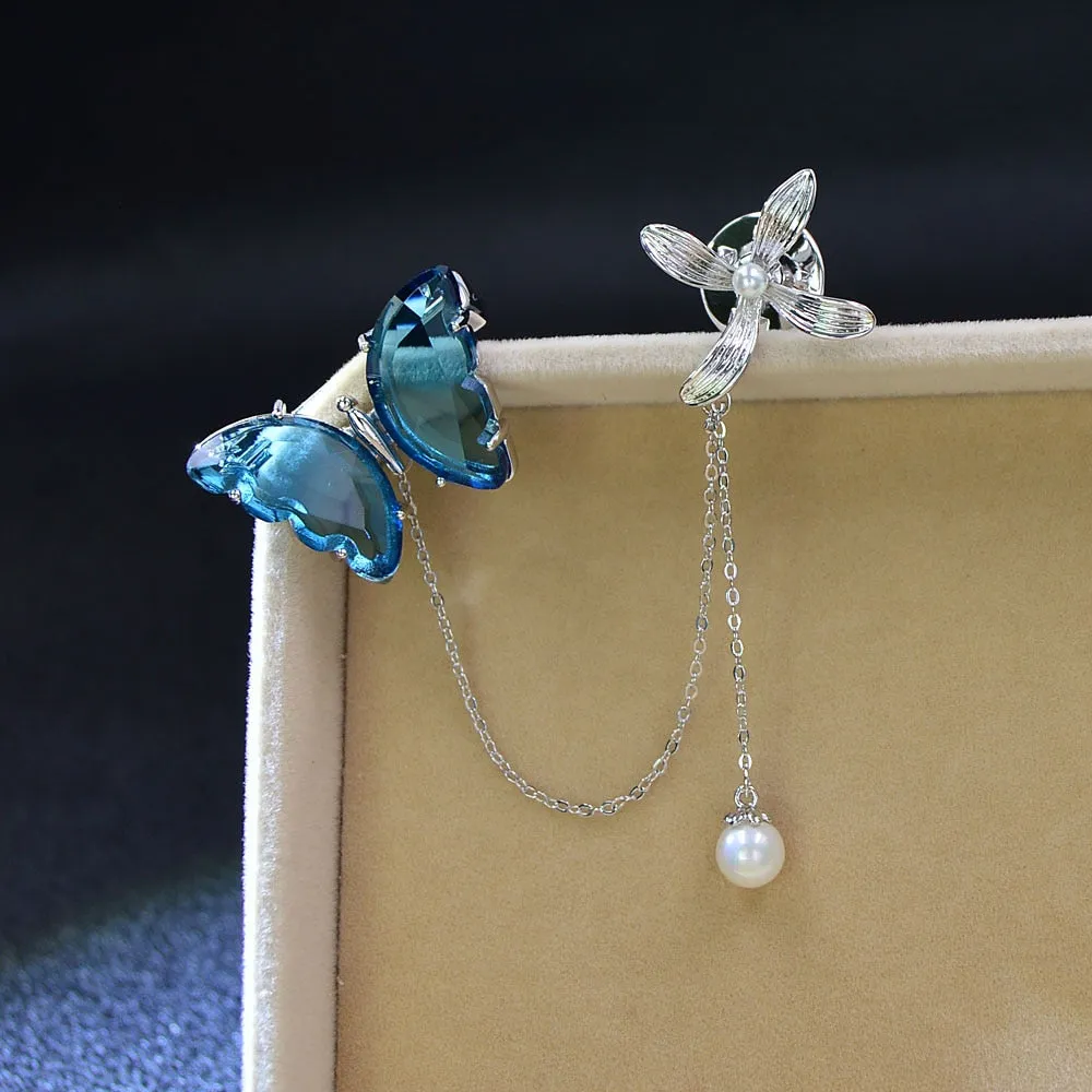 Clear Color Crystal Butterfly Collar Brooches For Wome Long Tassel Pearl Pin Brooch