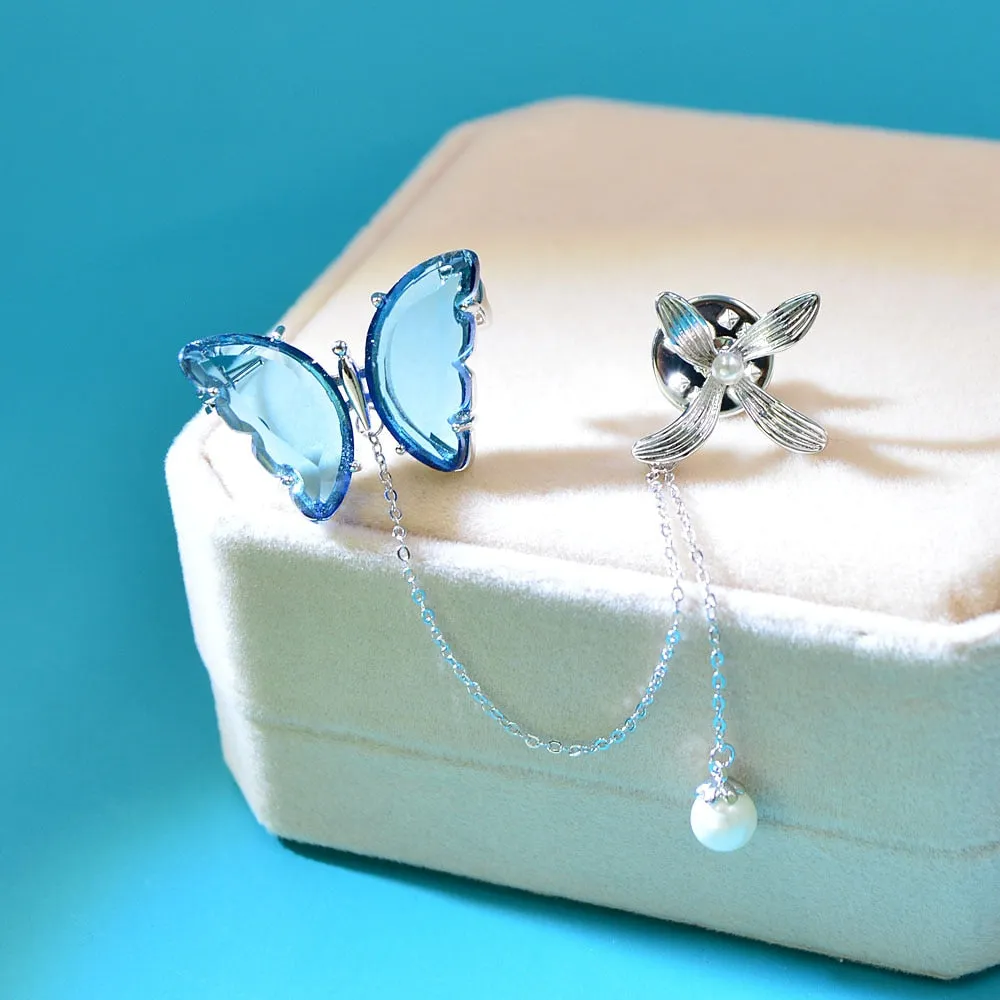 Clear Color Crystal Butterfly Collar Brooches For Wome Long Tassel Pearl Pin Brooch