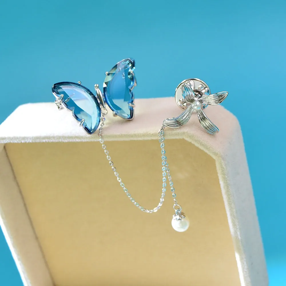 Clear Color Crystal Butterfly Collar Brooches For Wome Long Tassel Pearl Pin Brooch