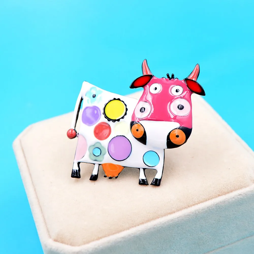 Colorful Enamel Cow Brooches For Women