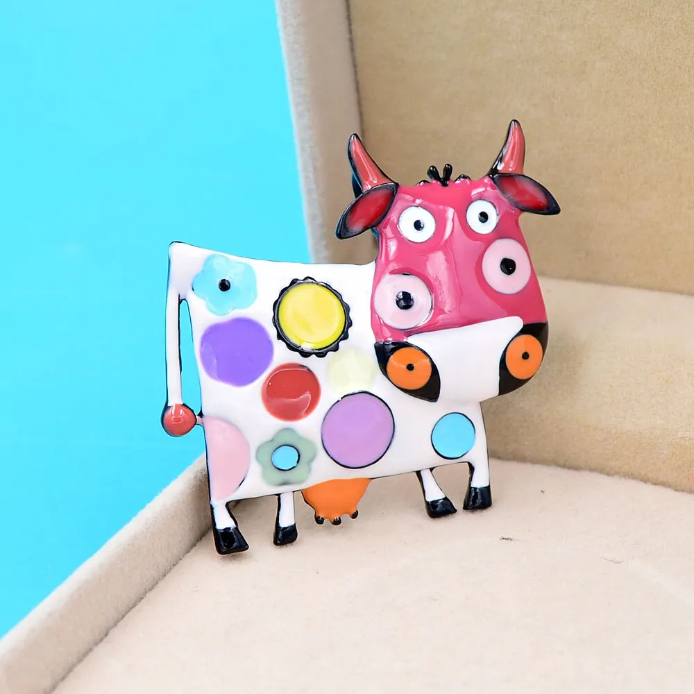Colorful Enamel Cow Brooches For Women