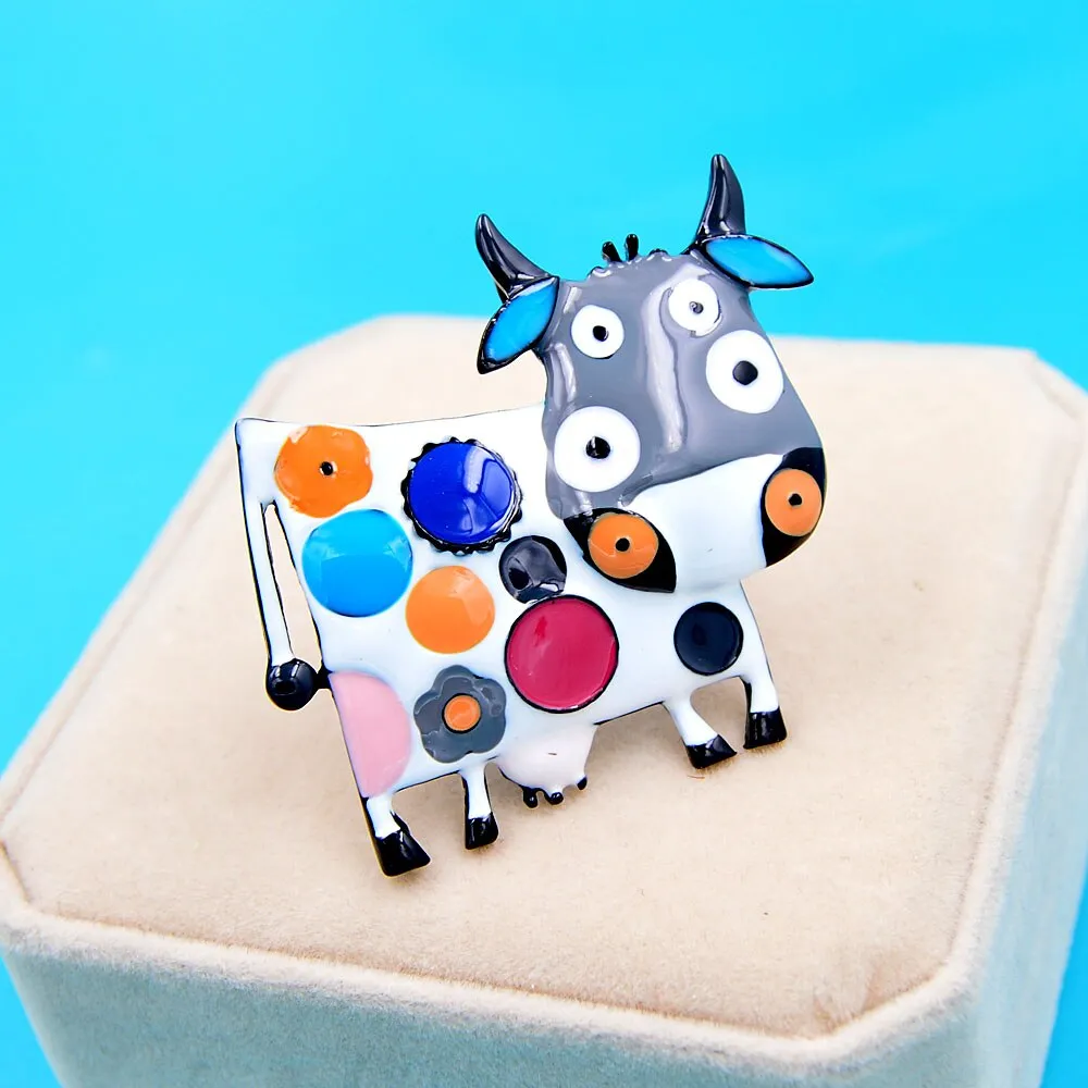Colorful Enamel Cow Brooches For Women