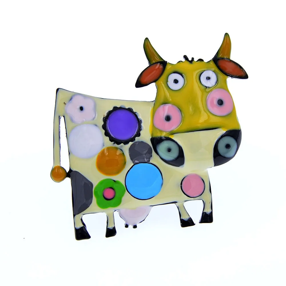 Colorful Enamel Cow Brooches For Women