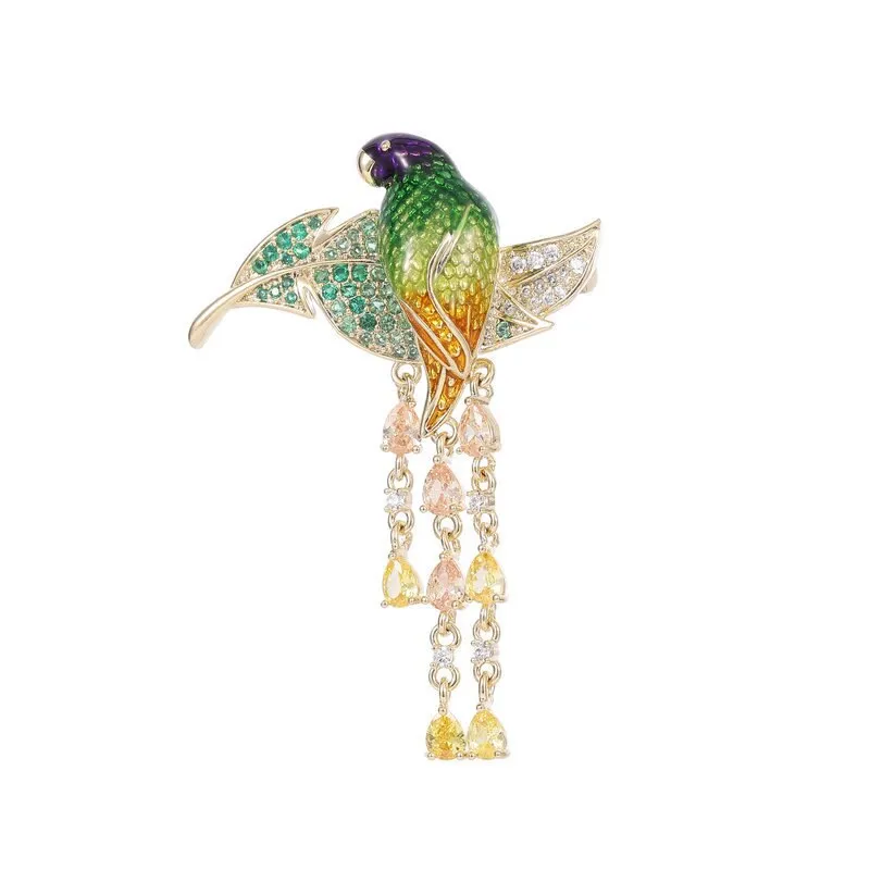 Copper Micro Inlay Cubic Zirconia Enamel Colored Parrot Brooch Jewelry Gift