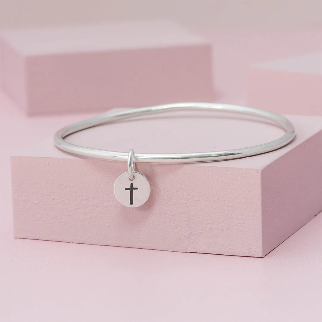 Cross Charm Silver Bangle