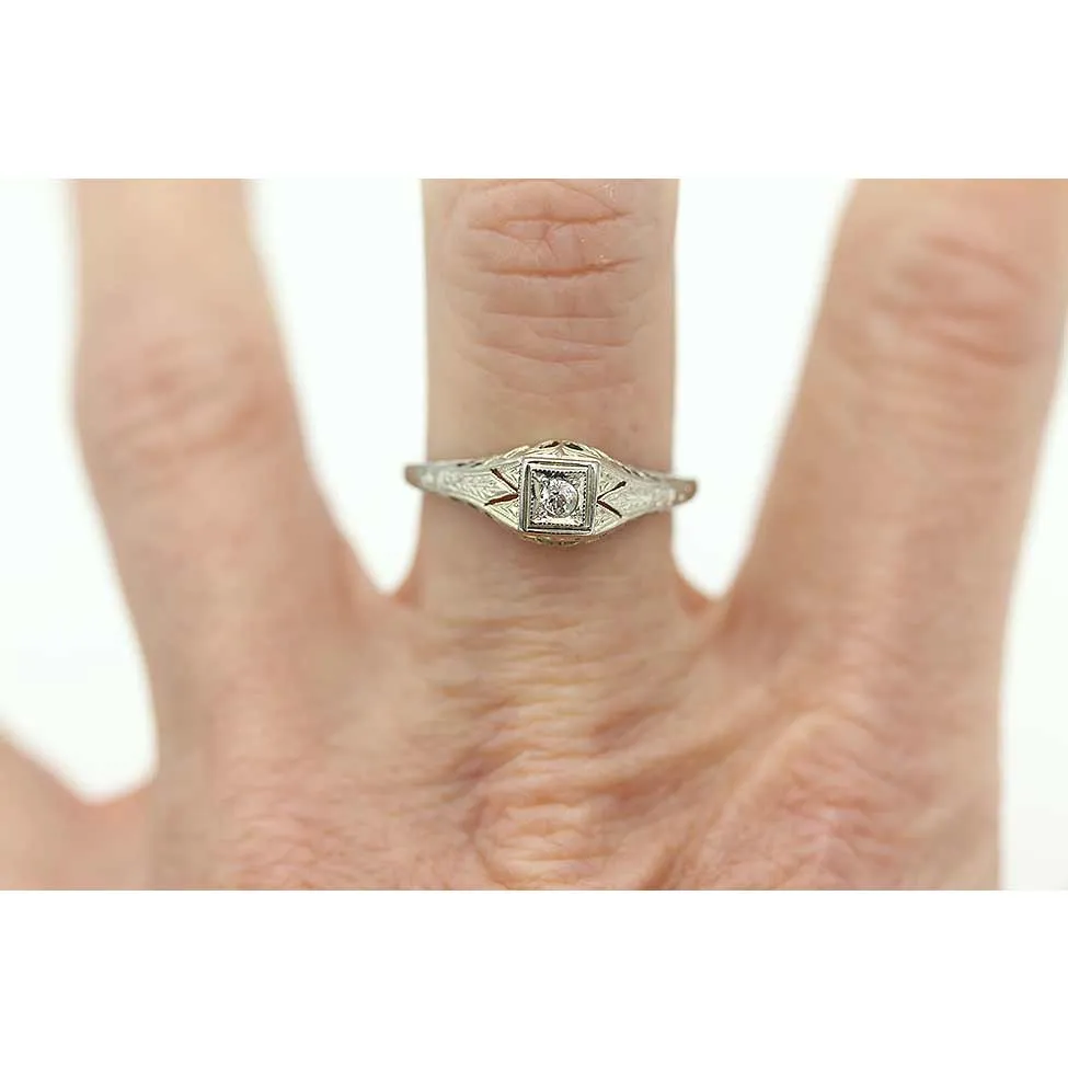Dainty Art Deco .07 CTW Old Mine Cut Diamond Filigree Engagement Ring