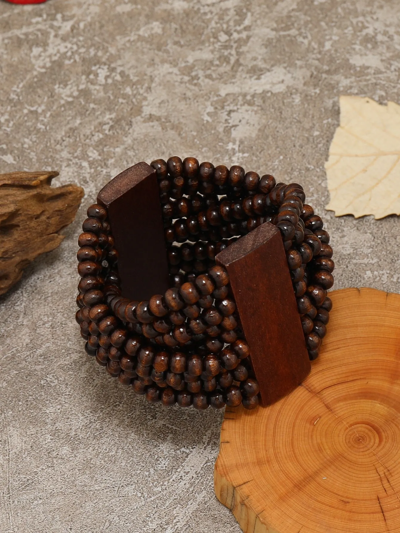 Dark Wood Geometric Decor Beaded Layered Bracelet Women Bracelet Stackable