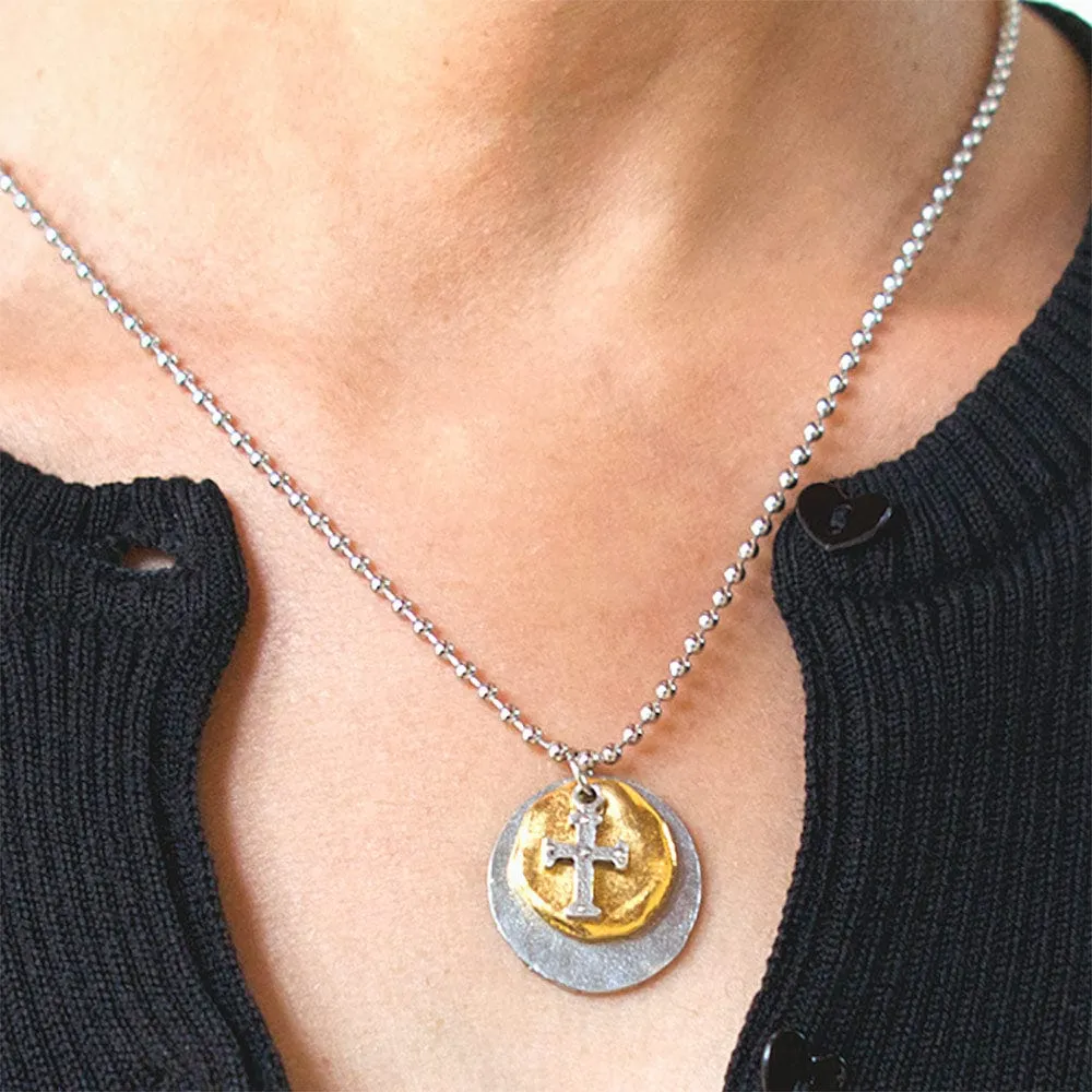 Delphine Gold Disc and Silver Cross Pendant