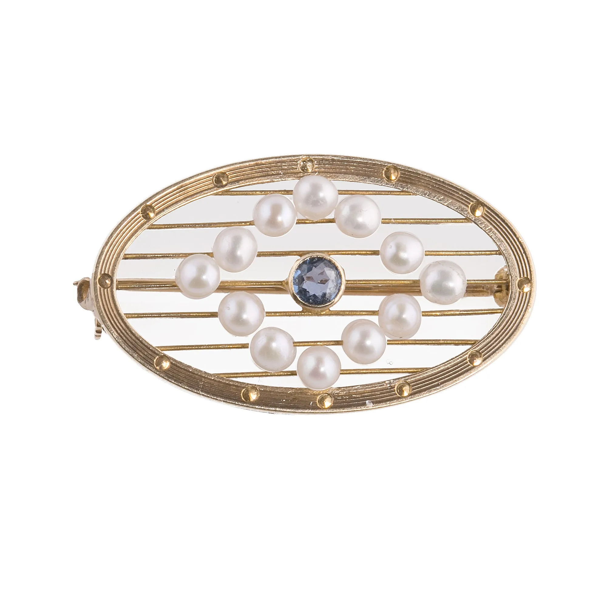 Edwardian Oval Pin or Brooch, seed pearl and sapphire,14k yellow gold. j-pnfn125