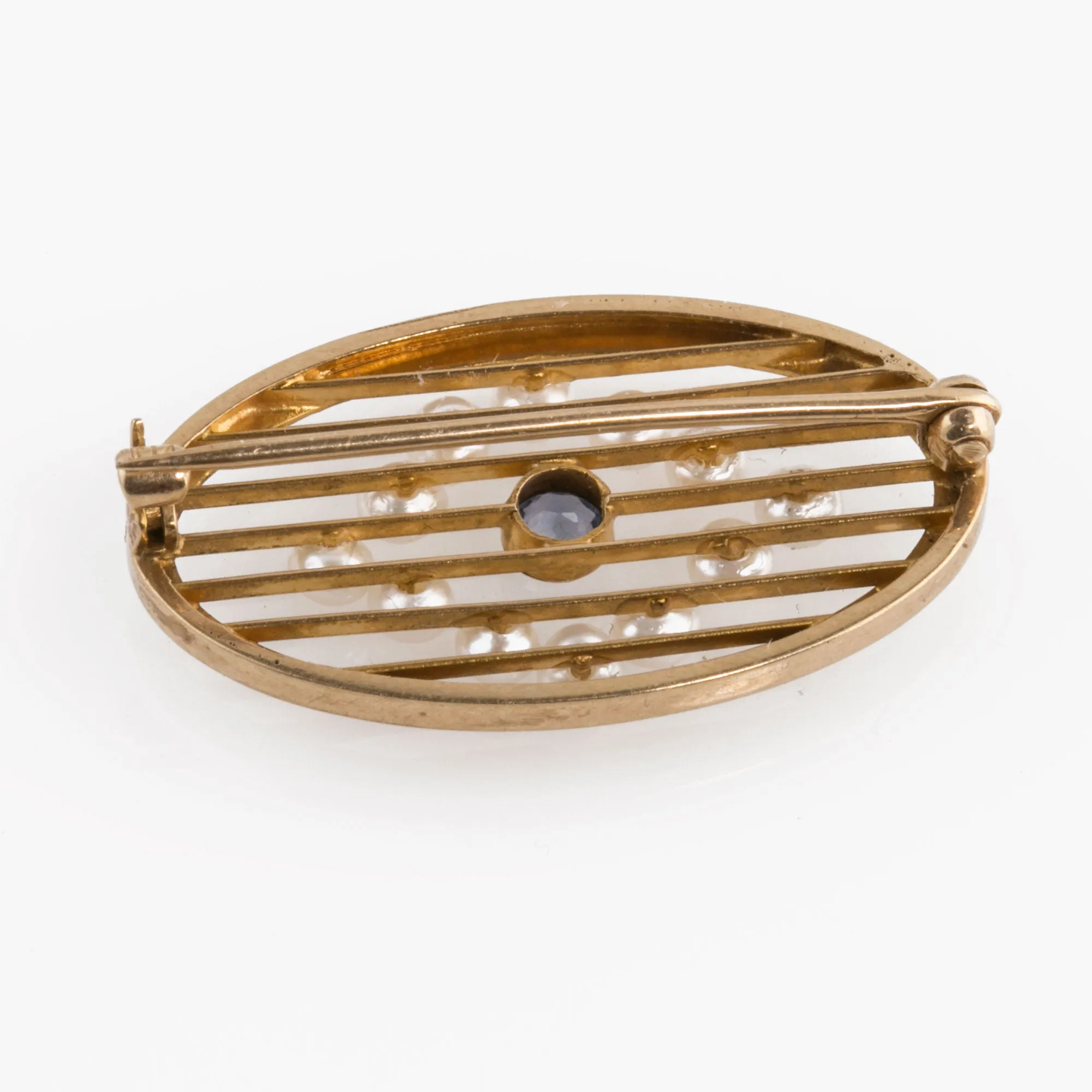 Edwardian Oval Pin or Brooch, seed pearl and sapphire,14k yellow gold. j-pnfn125