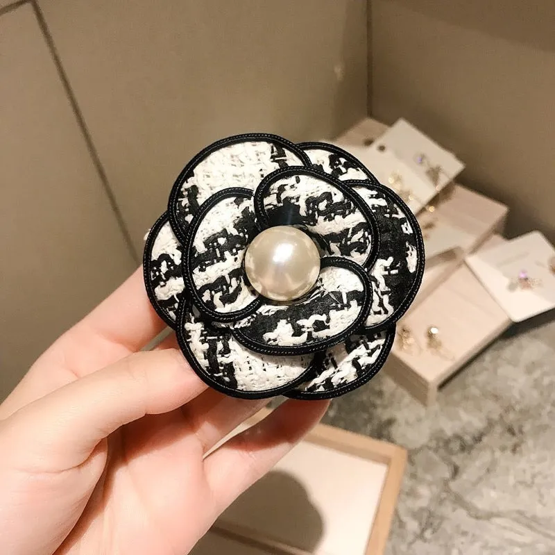 Elegant Denim Camellia Flower Pearl Crystal Brooch For Women