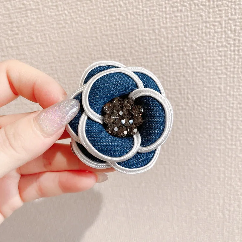 Elegant Denim Camellia Flower Pearl Crystal Brooch For Women