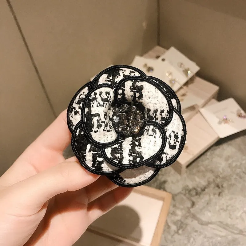 Elegant Denim Camellia Flower Pearl Crystal Brooch For Women