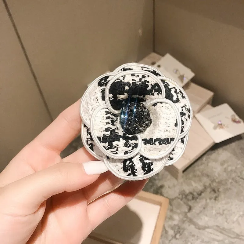 Elegant Denim Camellia Flower Pearl Crystal Brooch For Women