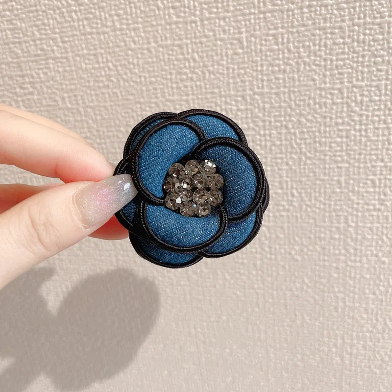 Elegant Denim Camellia Flower Pearl Crystal Brooch For Women