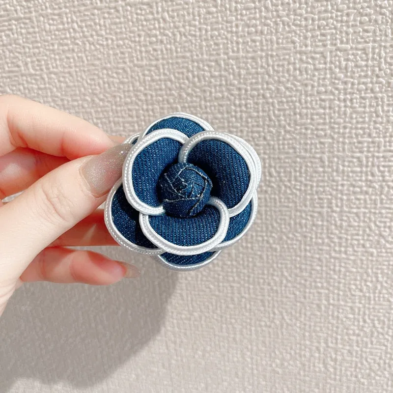 Elegant Denim Camellia Flower Pearl Crystal Brooch For Women