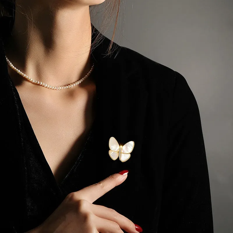 Elegant Shell Butterfly Brooch Cubic Zircon Golden Copper Suit Brooches