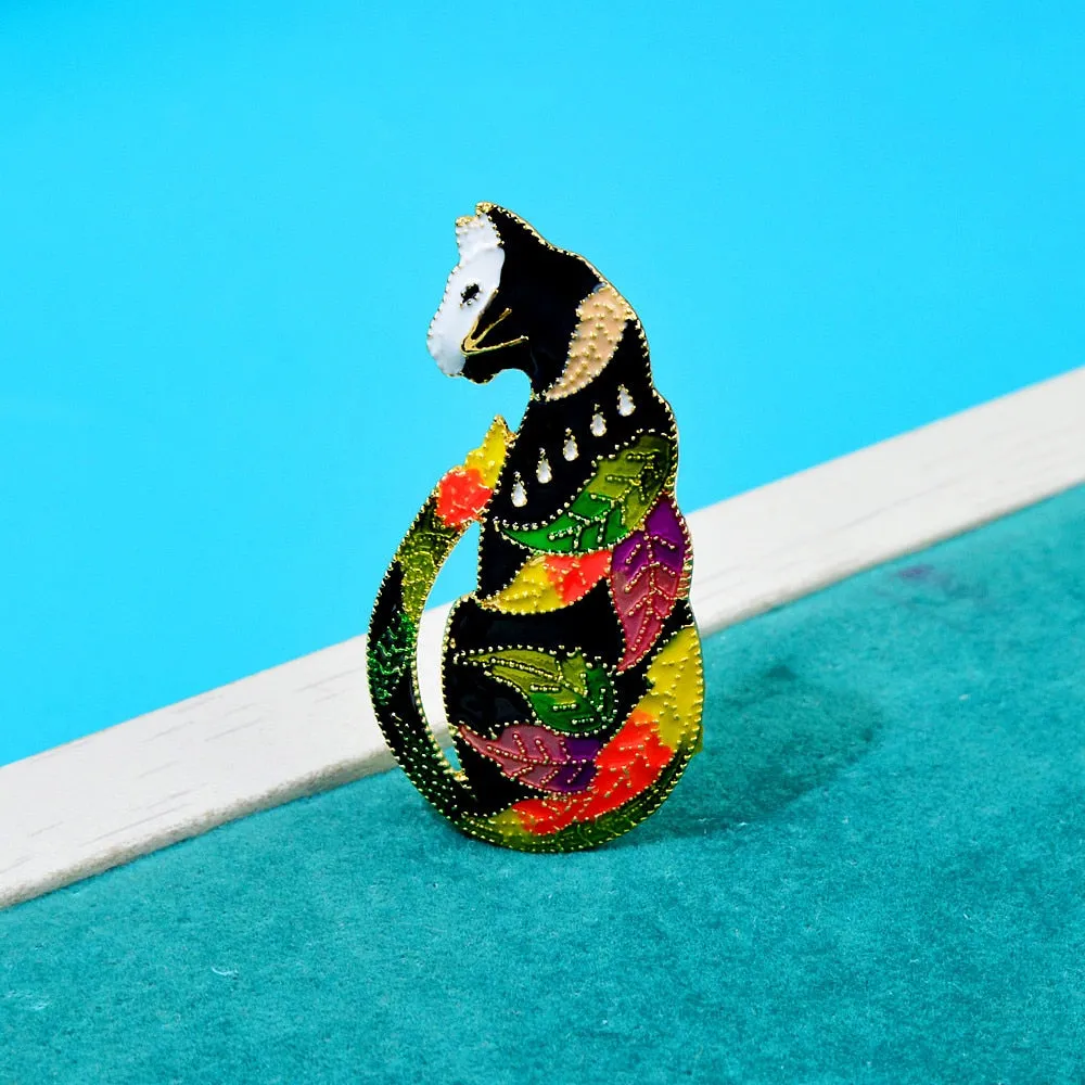 Enamel Sitting Cat Brooches For Women