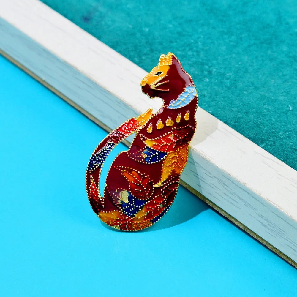 Enamel Sitting Cat Brooches For Women