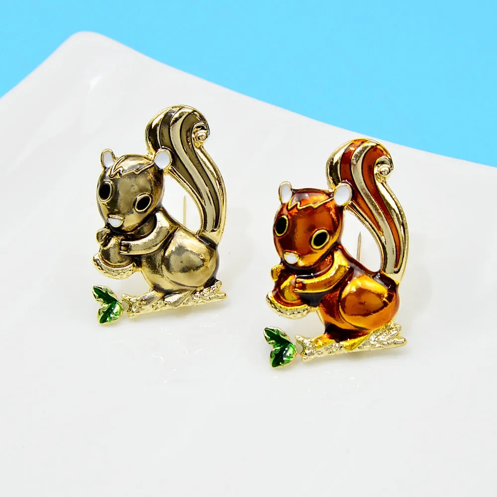 Enamel Squirrel And Nut Brooch Animal Pin 2 Colors Available