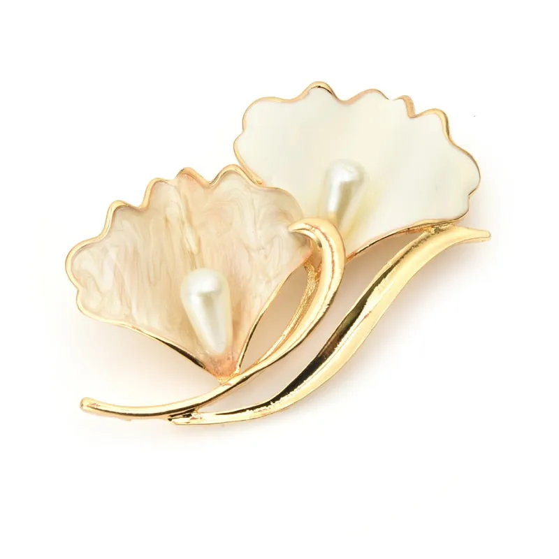 Enamel White Leaves Brooches Women Men Pearl Flower Party Office Casual Brooch