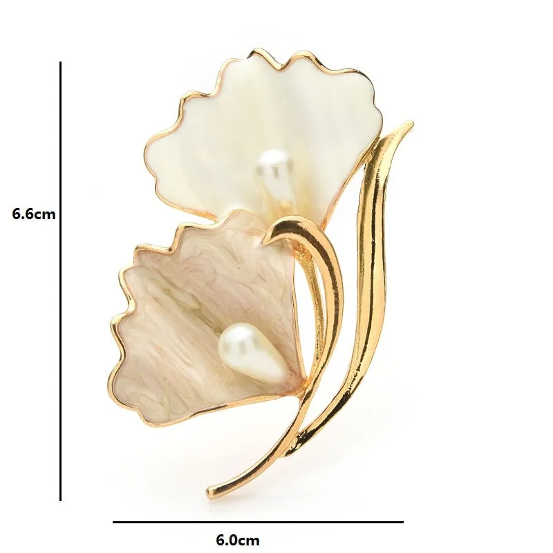 Enamel White Leaves Brooches Women Men Pearl Flower Party Office Casual Brooch
