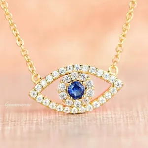 Evil Eye Sapphire Necklace- 14K Yellow Gold Vermeil
