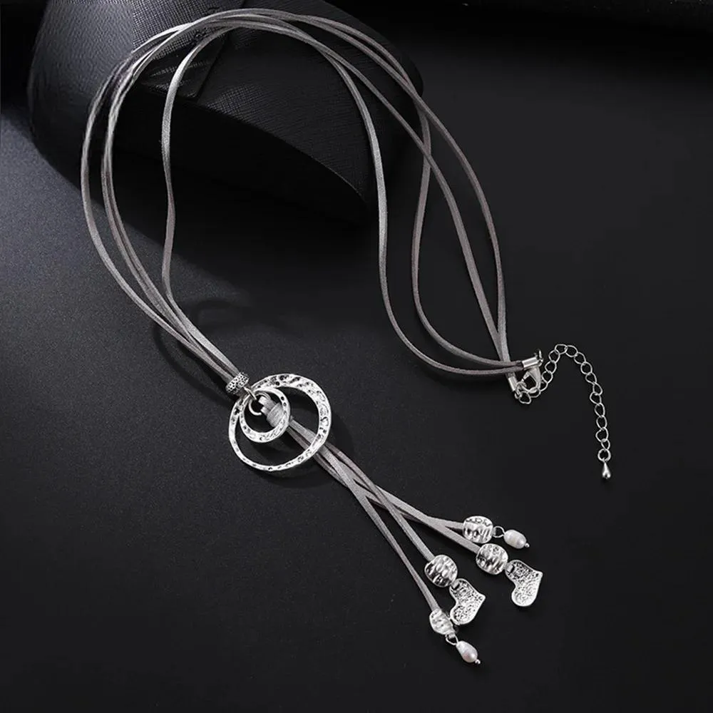 Fashion Geometric Necklace for Women with Suspension Pendant Trendy Silver Color Long Collar Chain