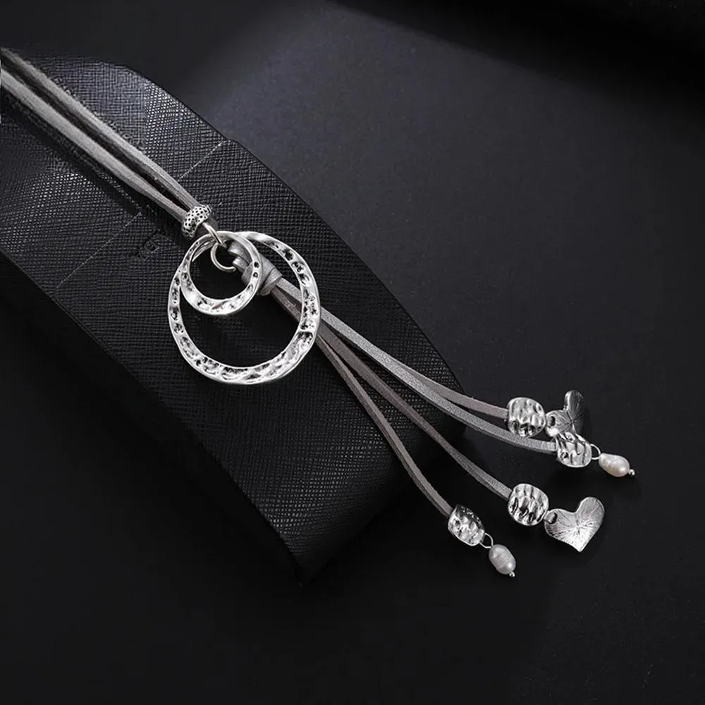 Fashion Geometric Necklace for Women with Suspension Pendant Trendy Silver Color Long Collar Chain