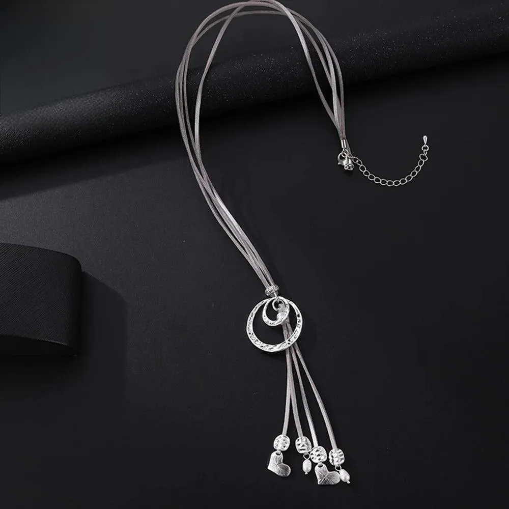 Fashion Geometric Necklace for Women with Suspension Pendant Trendy Silver Color Long Collar Chain